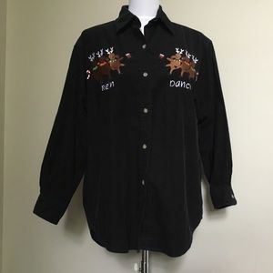 Vintage Tops - Vintage black corduroy REINDEER embroider shirt XL Vintage Tops - Vintage black corduroy REINDEER embroider shirt XL